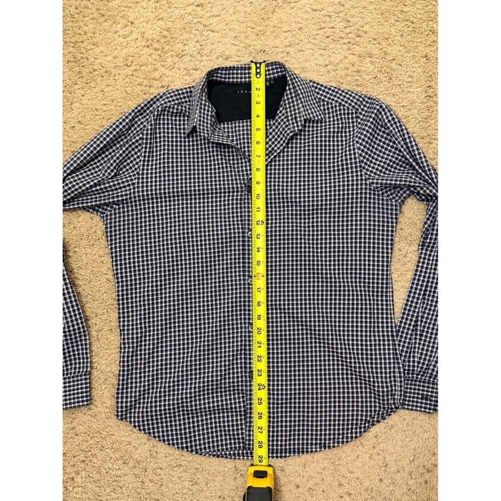 Theory Mens Navy Blue White Gingham Check Button Down Shirt Size M Long Sleeve - Picture 4 of 5